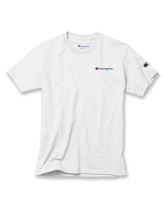 Champion Drenge T-Shirts Hvide - Cotton Script Logo - Danmark QOD-356810